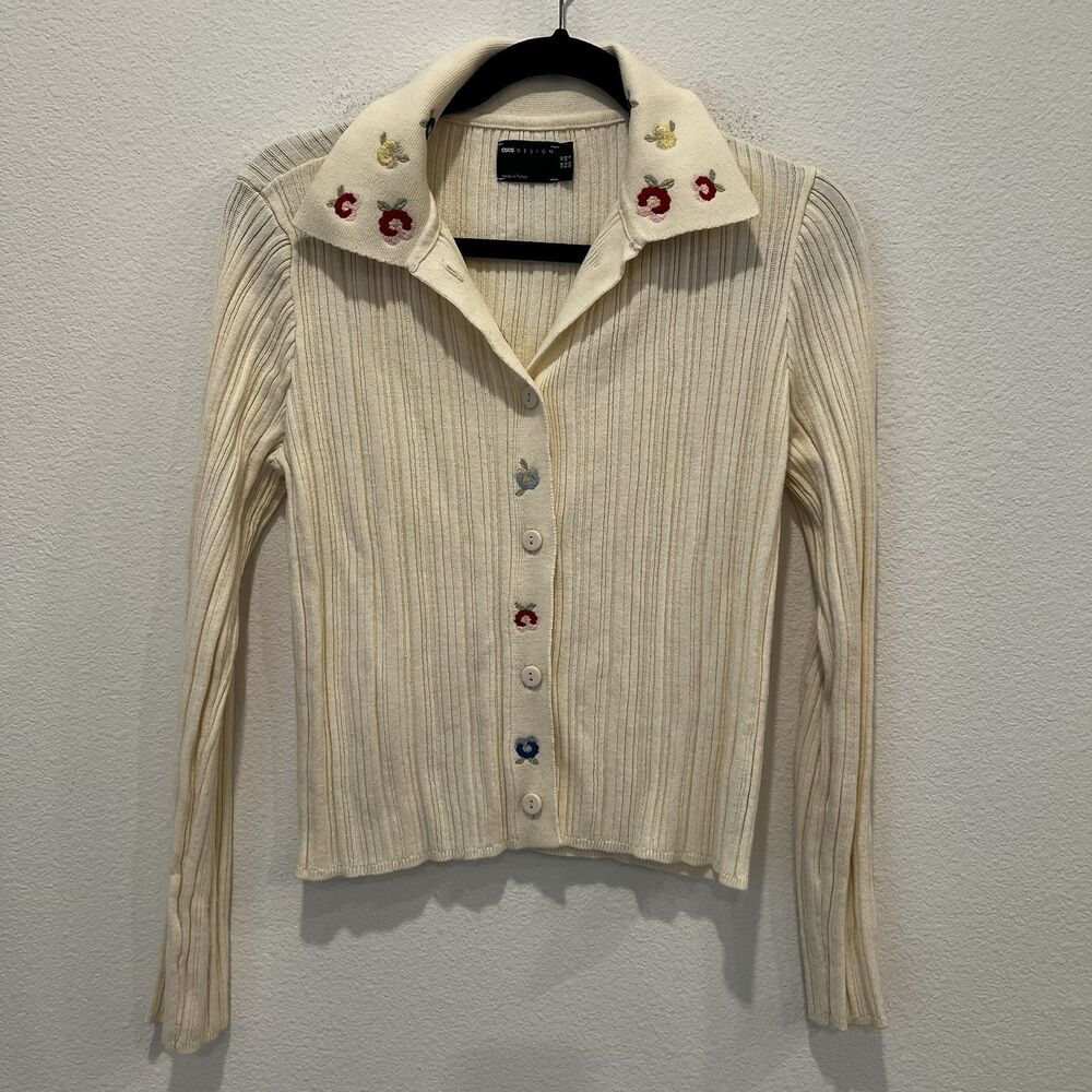 ASOS Cream Embroidered Floral Cardigan Sz US 6 Y2K Preppy Academia Chic Vtg